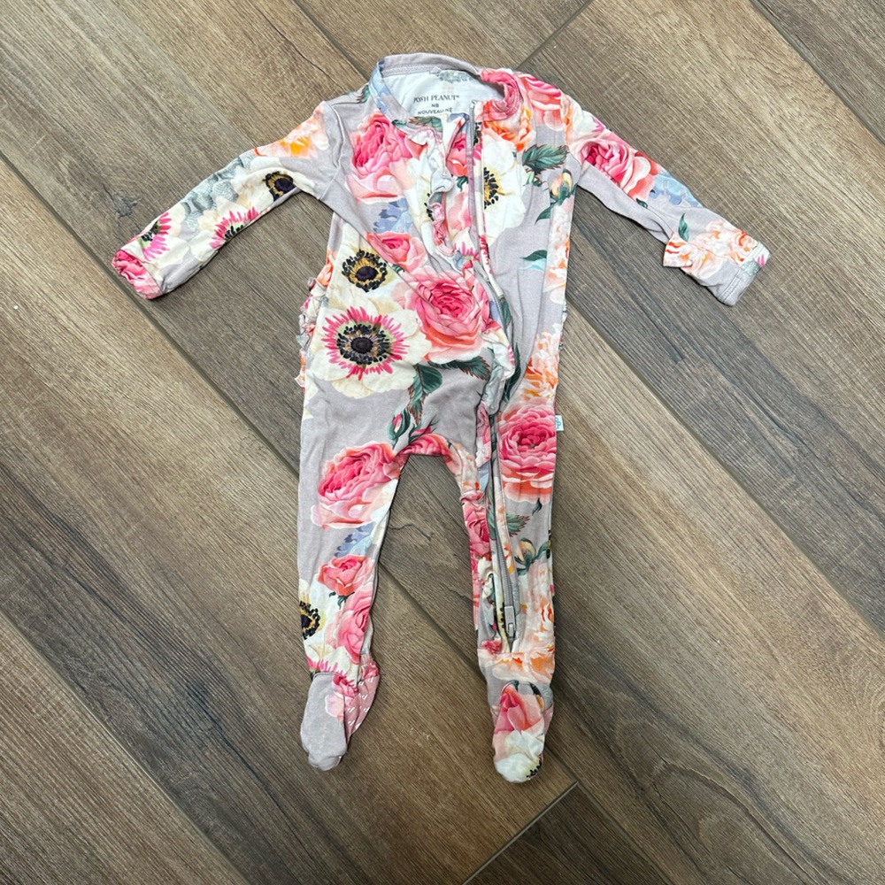 Newborn Posh Peanut French Gray Footie Ruffled Zippered One Piece